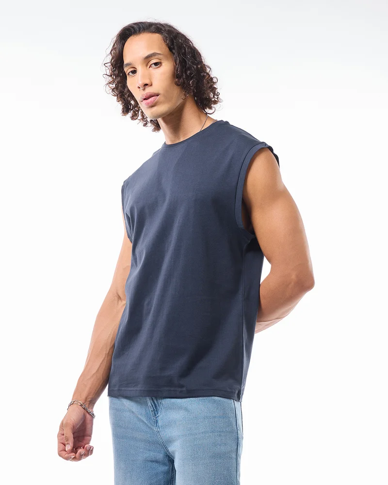 bewakoof Men's Blue Boxy Fit Vest